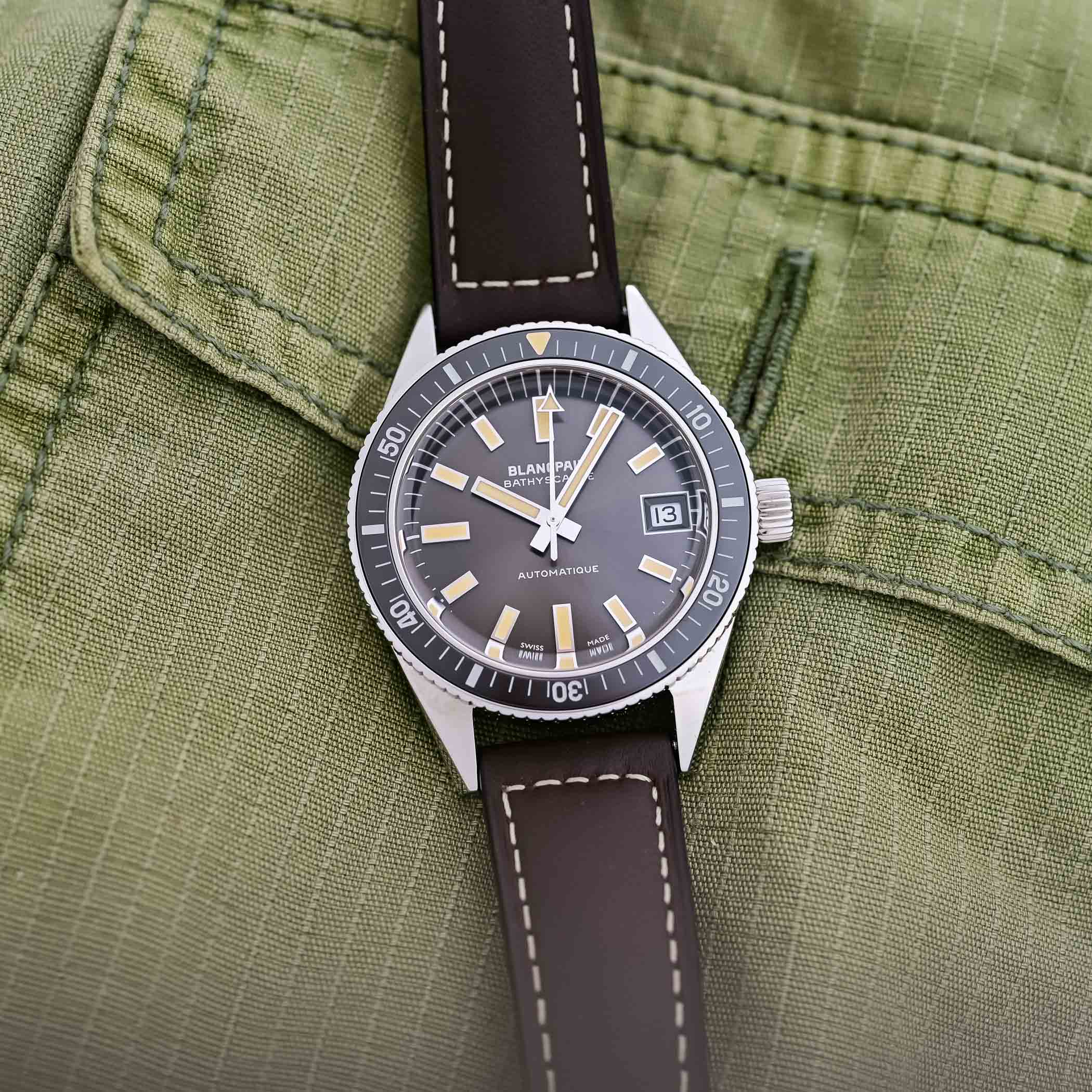 Blancpain Bathyscaphe 70th anniversary on wrist, showing chocolate brown calf leather strap and case profile