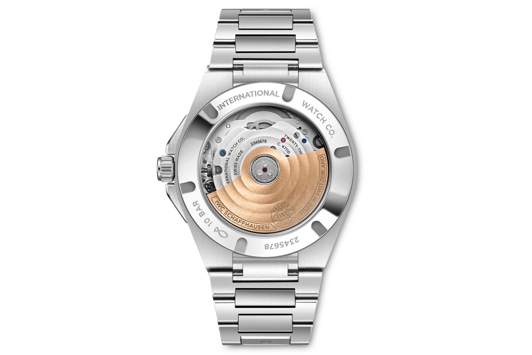 Sapphire caseback of the IWC Ingenieur Automatic 35 Pool showing the calibre 47110 automatic movement with gold-plated rotor