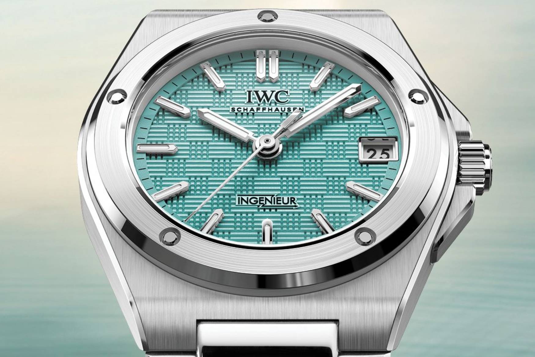 Front view of the IWC Ingenieur Automatic 35 Pool showing the Pool blue grid-patterned dial, rhodium-plated indices, snailed peripheral track and framed date at 3 o'clock