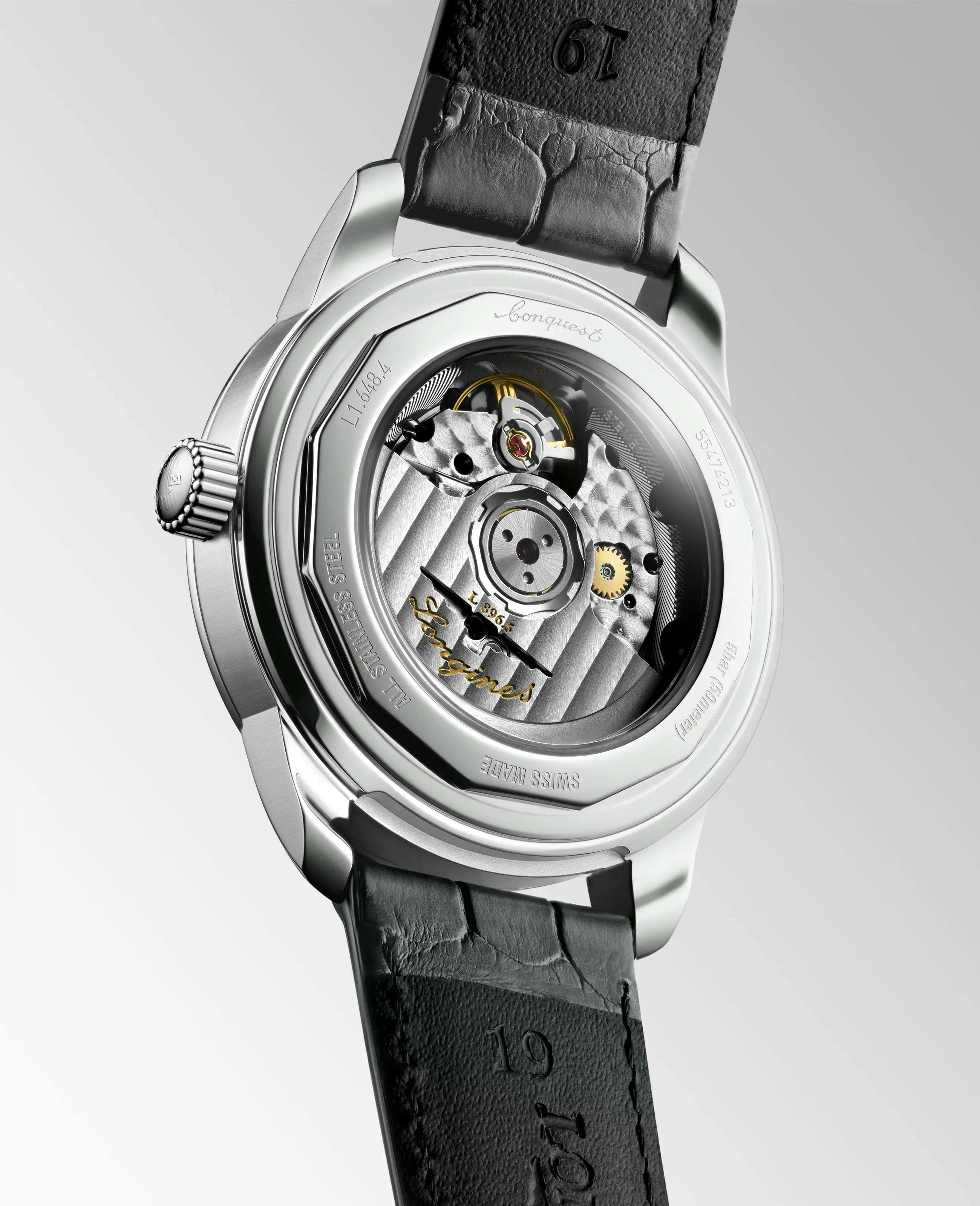 Sapphire caseback of the Longines Conquest Heritage Central Power Reserve showing the L896.5 automatic movement