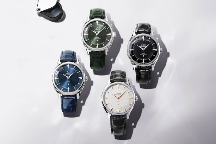 Omega Constellation Observatory family shot in stainless steel showing all the dial colour options