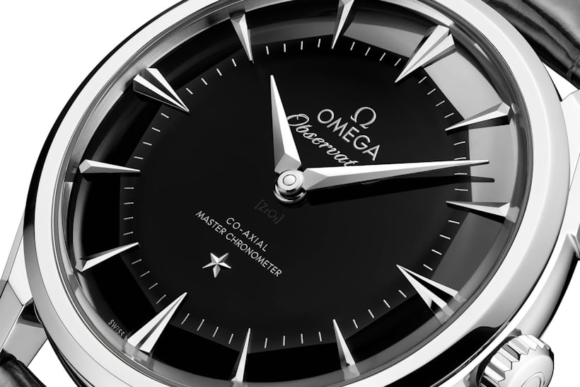 Close-up of the Constellation Observatory silver opaline dial showing pie-pan step, kite-shaped indices, and Observatory / Co-Axial / Master Chronometer text