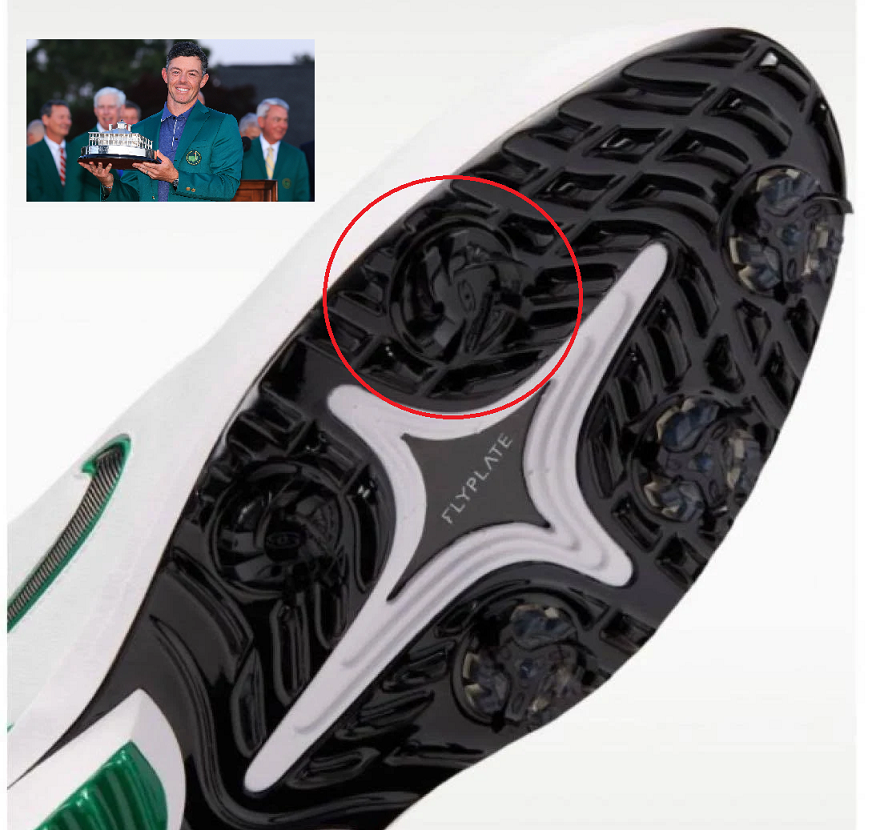 Sole of a golf spike shoe compared with the azurage-pattern subdials on the Omega Speedmaster 310.60.42.50.10.002